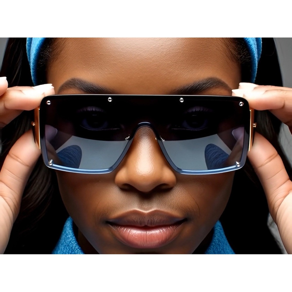 RETRO SHIELD Style Party Rave Club DJ SUN GLASSES Gold Frame Flat Blue Lens New